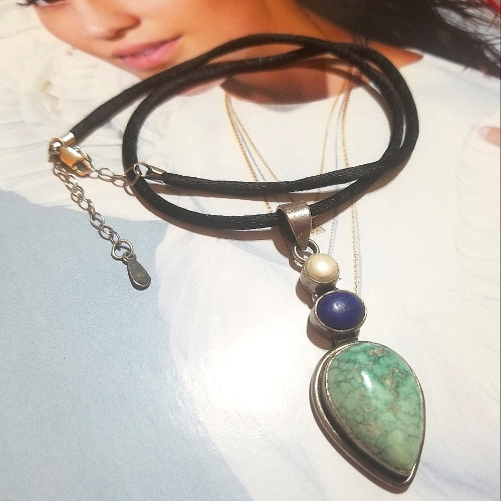 VTG designer Matrix Turquoise Lapis Lazuli Pearl Sterling Necklace